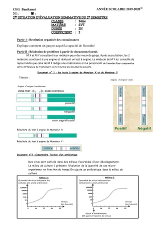 Première page de SVT 3e, 3e ML — Évaluation sommative, 2e semestre (2019-2020) · CEG Banikanni