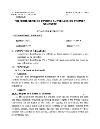 Première page de Anglais 1ère A1, 1ère A2, 1ère B, 1ère C, 1ère D — 1er devoir surveillé, 1er semestre (2020-2021) · CEG Kouhounou-Vêdoko