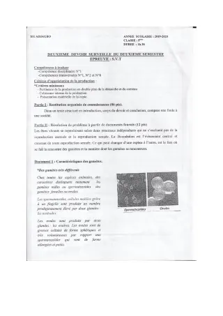Première page de SVT 5e — 2e devoir surveillé, 2e semestre (2019-2020) · CEG ADJAGBO