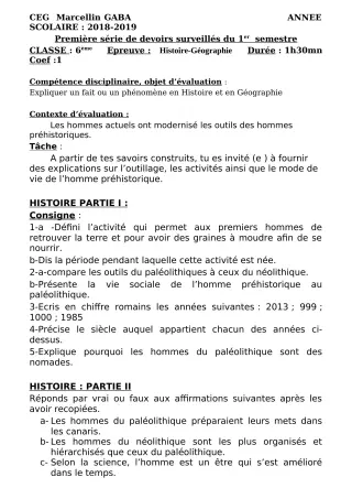 Première page de Français 6e, 5e, 4e ML&MC, 3e, 3e ML — 1er devoir surveillé, 1er semestre (2018-2019) · CEG Marcellin GABA