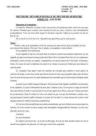 Première page de Français 3e, 3e ML — 2e devoir surveillé, 2e semestre (2019-2020) · CEG ADJAGBO