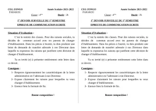 Première page de Français 5e, 4e, 4e ML — 1er devoir surveillé, 1er semestre (2021-2022) · CEG ZONGO