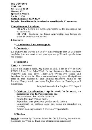 Première page de Anglais 6e — 1er devoir surveillé, 1er semestre (2019-2020) · CEG L'Entente