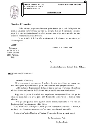 Première page de Français 4e — 1er devoir surveillé (2019-2020) · CEG 1 Akpakpa-Centre