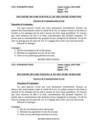 Première page de Français 3e — 2e devoir surveillé, 2e semestre (2019-2020) · CEG ATROKPOCODJI