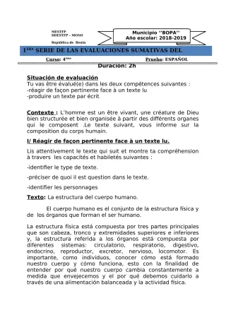 Première page de Espagnol 4e ML, 3e ML, 2nde A, 1ère A, Tle A — Composition (2018-2019) · CEG Bopa