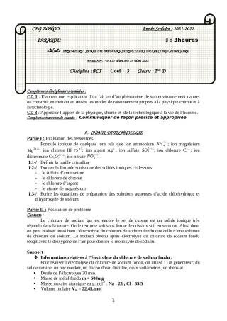 Première page de PCT 1ère A1 — 1er devoir surveillé, 2e semestre (2021-2022) · CEG ZONGO