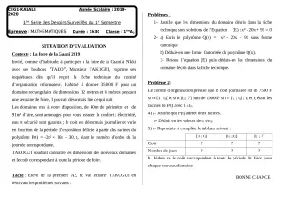 Première page de Mathématiques 1ère A2 — 1er devoir surveillé, 1er semestre (2019-2020) · CEG1 Kalalé