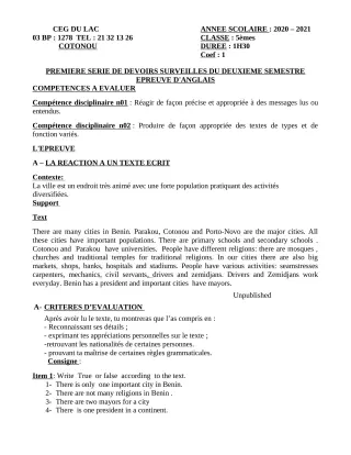 Première page de Anglais 5e — 1er devoir surveillé, 2e semestre (2020-2021) · CEG du Lac