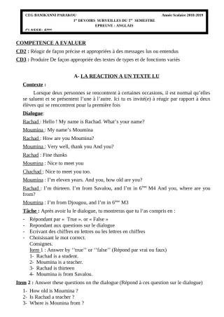 Première page de Anglais 6e — 1er devoir surveillé, 1er semestre (2018-2019) · CEG Banikanni