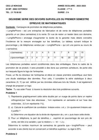 Première page de Mathématiques 1ère C — 2e devoir surveillé, 1er semestre (2022-2023) · CEG LE NOKOUE
