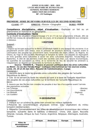 Première page de Histoire-Géographie 6e, 5e, 4e, 3e, 2nde A2, 2nde C, 2nde D, 1ère A2, 1ère C, 1ère D, Tle A2, Tle C, Tle D — 1er devoir surveillé, 2e semestre (2018-2019) · LMJFGMK