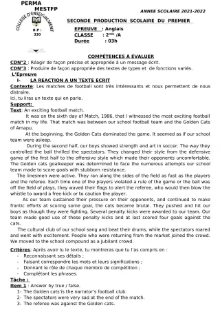 Première page de Anglais 6e, 5e, 4e, 3e, 2nde A, 2nde D, 1ère A, 1ère D, Tle A, Tle D — 2e production scolaire, 1er semestre (2021-2022) · CEG Perma