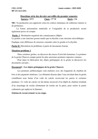 Première page de SVT 1ère D — 2e devoir surveillé, 1er semestre (2019-2020) · CEG AYOU