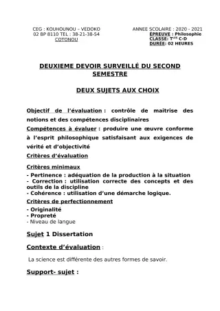 Première page de Philosophie Tle C, Tle D — 2e devoir surveillé, 2e semestre (2020-2021) · CEG Kouhounou-Vêdoko