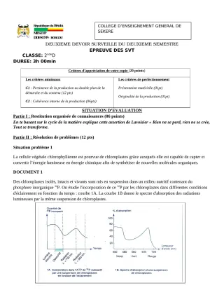 Première page de SVT 2nde D — 2e devoir surveillé, 2e semestre (2022-2023) · CEG SEKERE