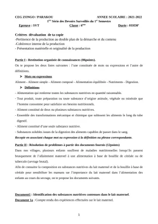 Première page de SVT 6e — 1er devoir surveillé, 1er semestre (2021-2022) · CEG ZONGO