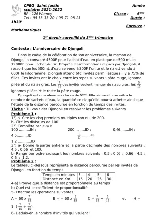 Première page de Mathématiques 6e, 5e — 1er devoir surveillé, 3e trimestre (2021-2022) · CPEG SAINT Justin