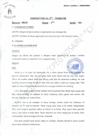 Première page de Anglais 4e — 1re composition (2020-2021) · CPEG ROSAIRE