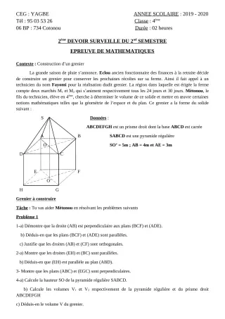 Première page de Mathématiques 4e, 4e ML — 2e devoir surveillé, 2e semestre (2019-2020) · CEG Yagbe