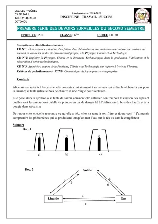 Première page de PCT 6e, 5e, 4e, 2nde C, 2nde D, 1ère C, 1ère D, Tle C, Tle D — 1er devoir surveillé, 2e semestre (2019-2020) · CEG Les Pylônes