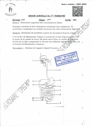Première page de SVT 3e, 3e ML — 2e devoir surveillé, 1er trimestre (2021-2022) · CPEG ROSAIRE