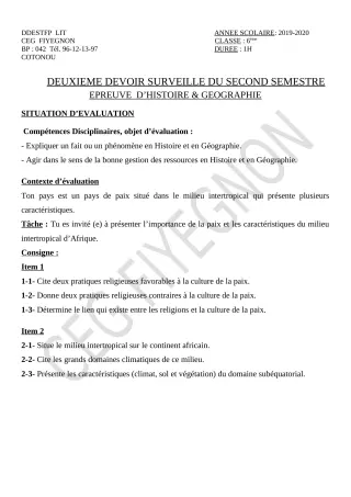 Première page de Histoire-Géographie 6e — 2e devoir surveillé, 2e semestre (2019-2020) · CEG FIYEGNON