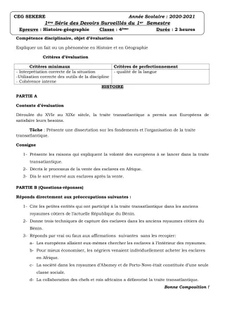 Première page de Histoire-Géographie 4e — 1er devoir surveillé, 1er semestre (2020-2021) · CEG SEKERE