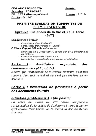 Première page de SVT 2nde D — 1re évaluation sommative, 1er semestre (2019-2020) · CEG Ahossougbéta