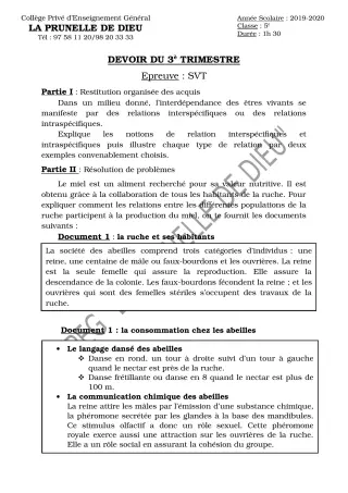 Première page de SVT 5e — Devoir surveillé, 3e trimestre (2019-2020) · CEPG La Prunelle de Dieu