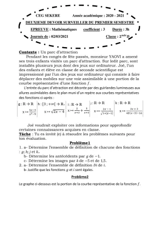 Première page de Mathématiques 2nde D — 2e devoir surveillé, 1er semestre (2020-2021) · CEG SEKERE