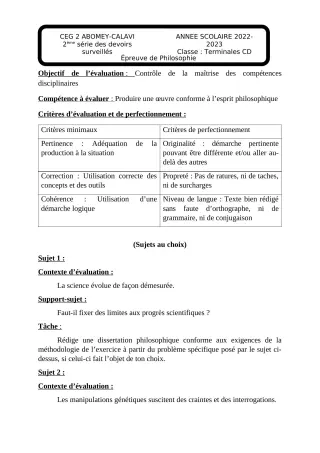Première page de Philosophie Tle C — 2e devoir surveillé, 2e semestre (2022-2023) · CEG2 ABOMEY - CALAVI (CEG ZOCA)