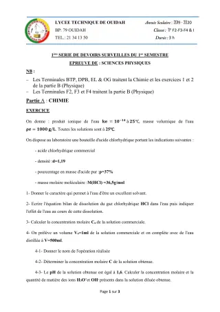 Première page de PCT Tle BTP, Tle DPB, Tle EL, Tle F2, Tle F3, Tle F4, Tle OG — 1er devoir surveillé, 1er semestre (2019-2020) · LT Ouidah