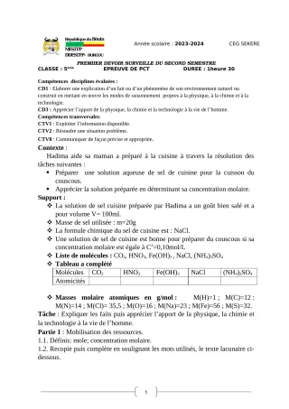 Première page de PCT 5e — Devoir surveillé, 2e semestre (2023-2024) · CEG SEKERE