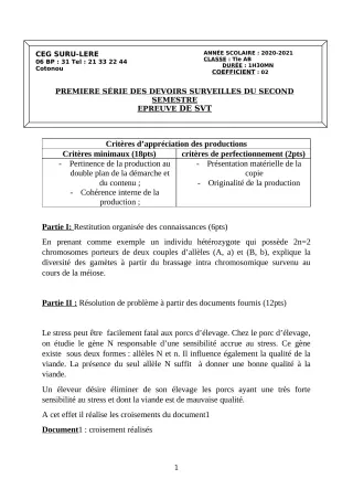 Première page de SVT 1ère A1, Tle A1, Tle A2, Tle B, Tle C, Tle D — 1er devoir surveillé, 2e semestre (2020-2021) · CEG SURU-LERE