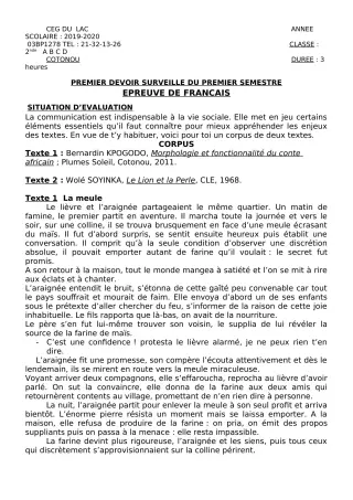 Première page de Français 2nde A, 2nde B, 2nde C, 2nde D — 1er devoir surveillé, 1er semestre (2019-2020) · CEG du Lac