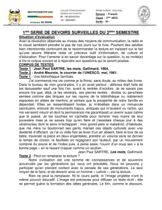 Première page de Français 2nde A, 2nde A1, 2nde A2, 2nde B, 2nde D, 1ère A, 1ère A1, 1ère A2, 1ère B, 1ère D — 1er devoir surveillé, 2e semestre (2023-2024) · CEG ZA-KPOTA