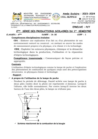 Première page de PCT 6e — 2e production scolaire, 1er semestre (2023-2024) · CEG1 Ikpinlè