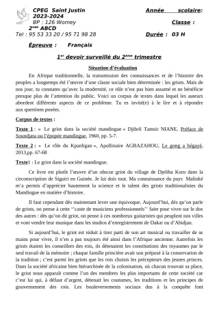 Première page de Français 6e, 2nde A2, 2nde B, 2nde C, 2nde D — 1er devoir surveillé, 2e trimestre (2023-2024) · CPEG SAINT Justin