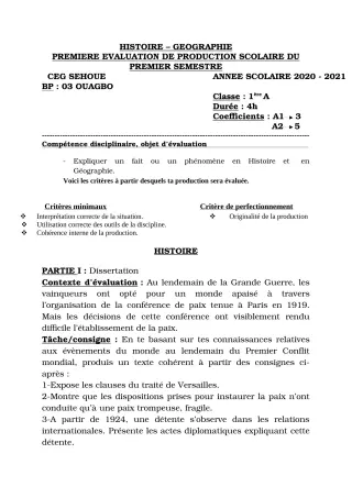 Première page de Histoire-Géographie 1ère A, 1ère A1 — 1re production scolaire, 1er semestre (2020-2021) · CEG SEHOUE