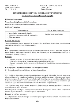 Première page de Histoire-Géographie Tle C, Tle D — 2e devoir surveillé, 1er semestre (2022-2023) · CEG LE NOKOUE