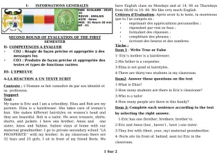 Première page de Devoir surveillé de ANGLAIS — 6e — CEG GBESSOU (2019)