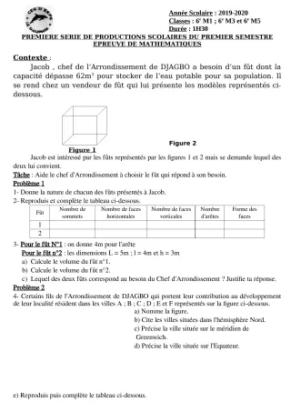 Première page de Mathématiques 6e, 5e, 4e ML, 3e, 3e ML — 1re production scolaire, 1er semestre (2019-2020) · CEG II EKPE