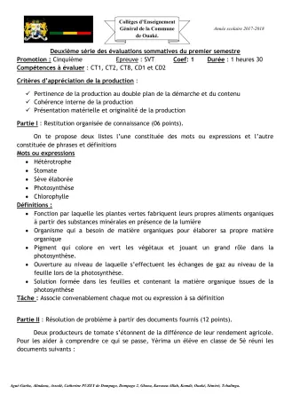 Première page de SVT 5e — 2e évaluation sommative, 1er semestre (2017-2018) · CEG C.P de Dompago