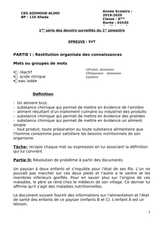 Première page de SVT 6e — 1er devoir surveillé, 1er semestre (2019-2020) · CEG AZOHOUE-ALIHO