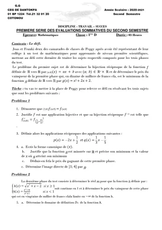 Première page de Mathématiques 1ère D — 1re évaluation sommative, 2e semestre (2020-2021) · CEG Dantokpa