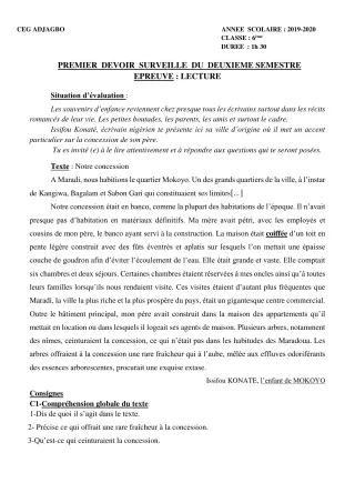 Première page de Français 6e, 5e, 4e, 4e ML, 3e, 3e ML — 1er devoir surveillé, 2e semestre (2019-2020) · CEG ADJAGBO