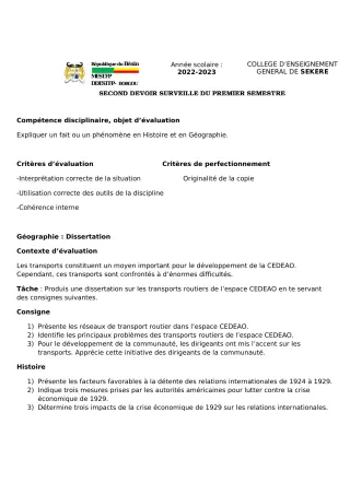 Première page de Histoire-Géographie 1ère D — 2e devoir surveillé, 1er semestre (2022-2023) · CEG SEKERE
