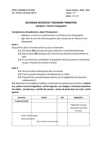 Première page de Histoire-Géographie 6e, 5e, 4e, 3e, 3e ML, 2nde B, 2nde D — 2e devoir surveillé, 3e trimestre (2020-2021) · CEPG La Prunelle de Dieu
