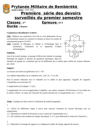 Première page de PCT 4e — 1er devoir surveillé, 1er semestre (2019-2020) · PMB
